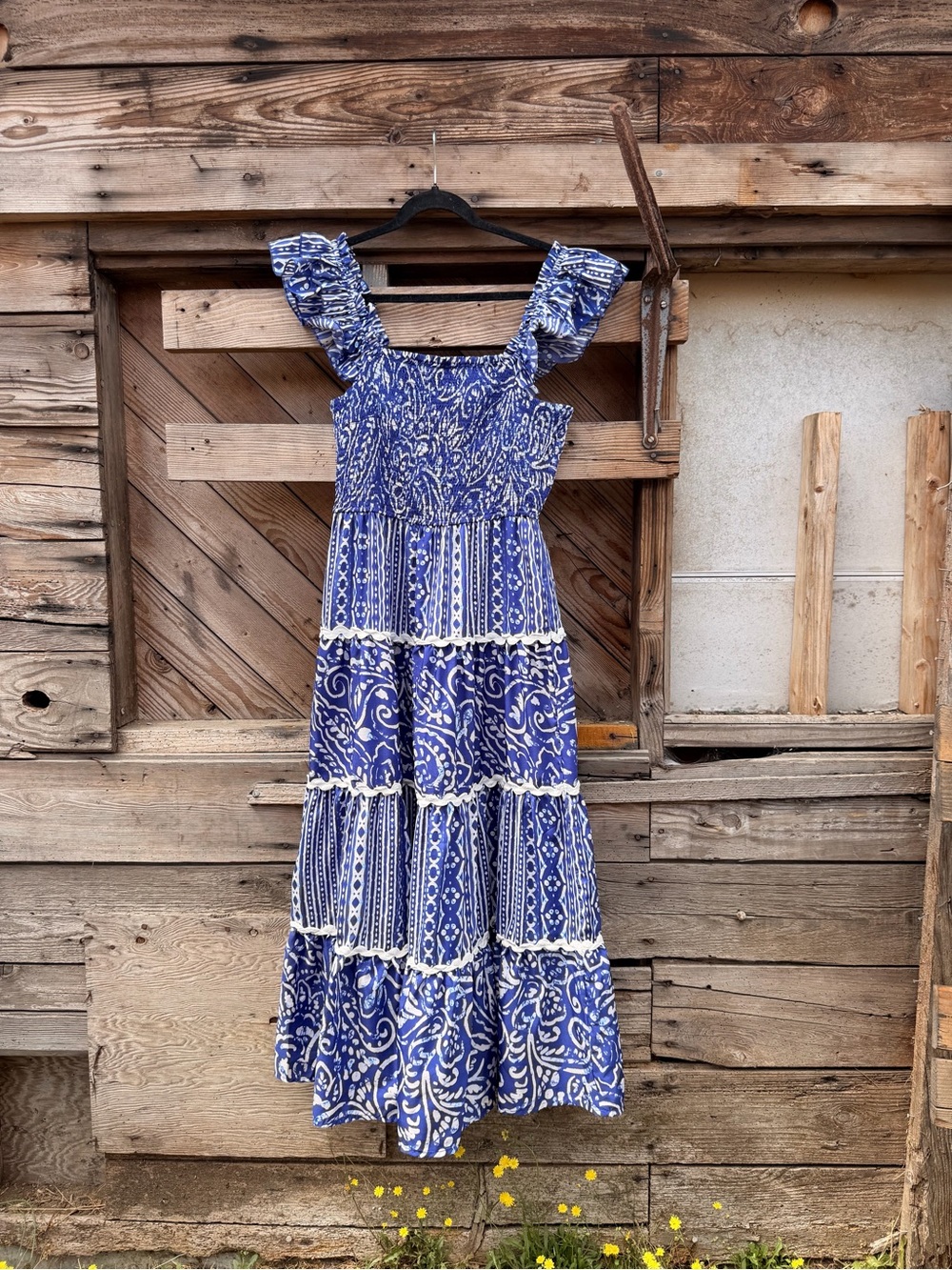 Smocked Blue Tiered Maxi Dress with Ruffle Straps